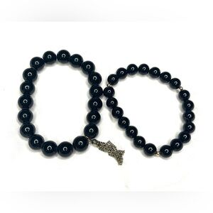 Set of 2 Black Beaded Elastic Bracelets Stackable NEW
